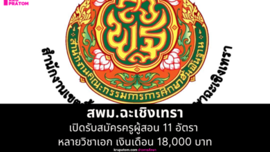 สพม.ฉะเชิงเทรา เปิดรับสมัครครูผู้สอน 11 อัตรา หลายวิชาเอก เงินเดือน 18,000 บาท