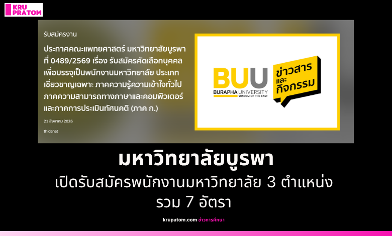 มหาวิทยาลัยบูรพา เปิดรับสมัครพนักงานมหาวิทยาลัย 3 ตำแหน่ง รวม 7 อัตรา สอบภาค ก. ปี 2569