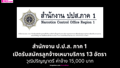 สำนักงาน ป.ป.ส. ภาค 1 เปิดรับสมัครลูกจ้างเหมาบริการ 13 อัตรา วุฒิปริญญาตรี ค่าจ้าง 15,000 บาท สมัครฟรี